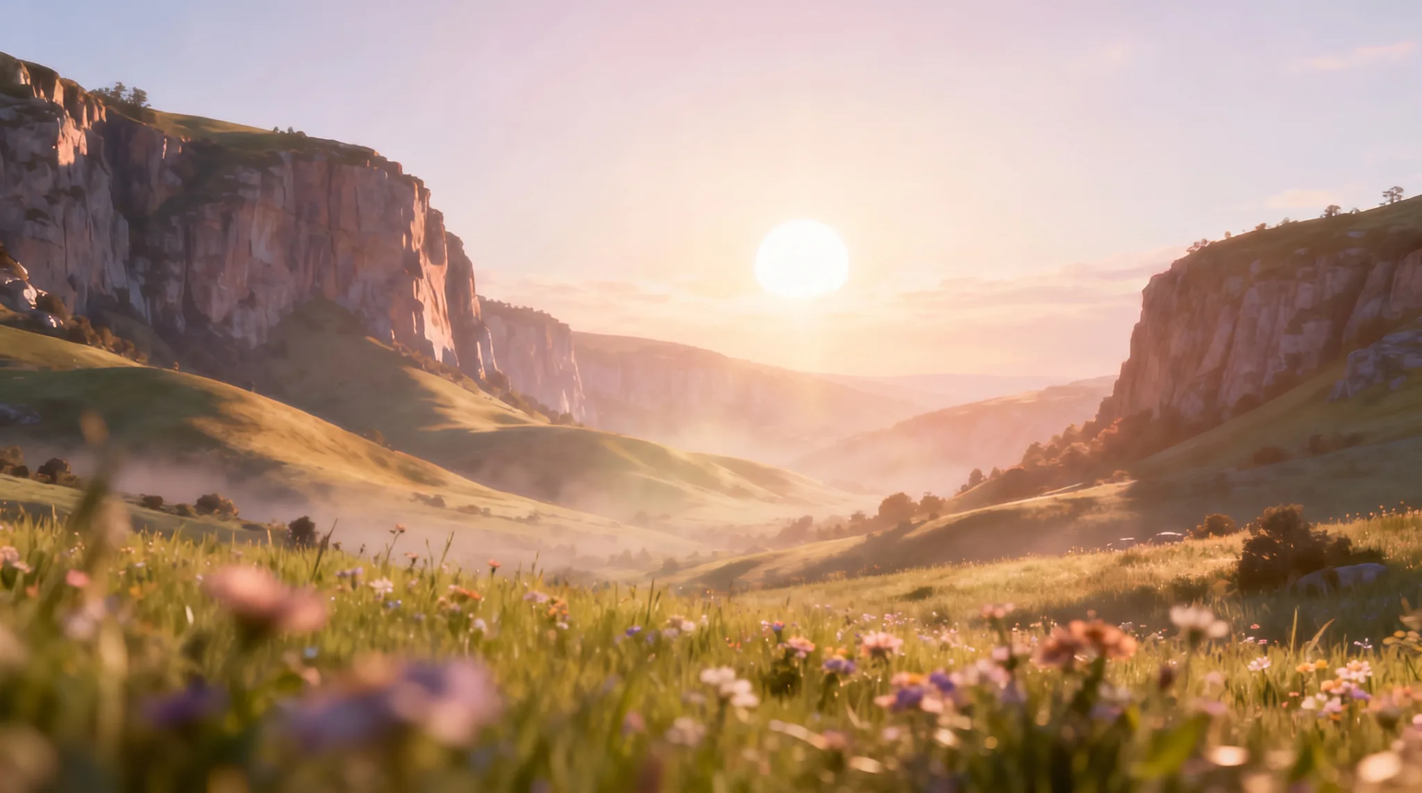 Wide valley at sunrise with green hills, wildflowers in the foreground, and tall rocky cliffs on both sides, softly lit by warm sunlight and light mist.